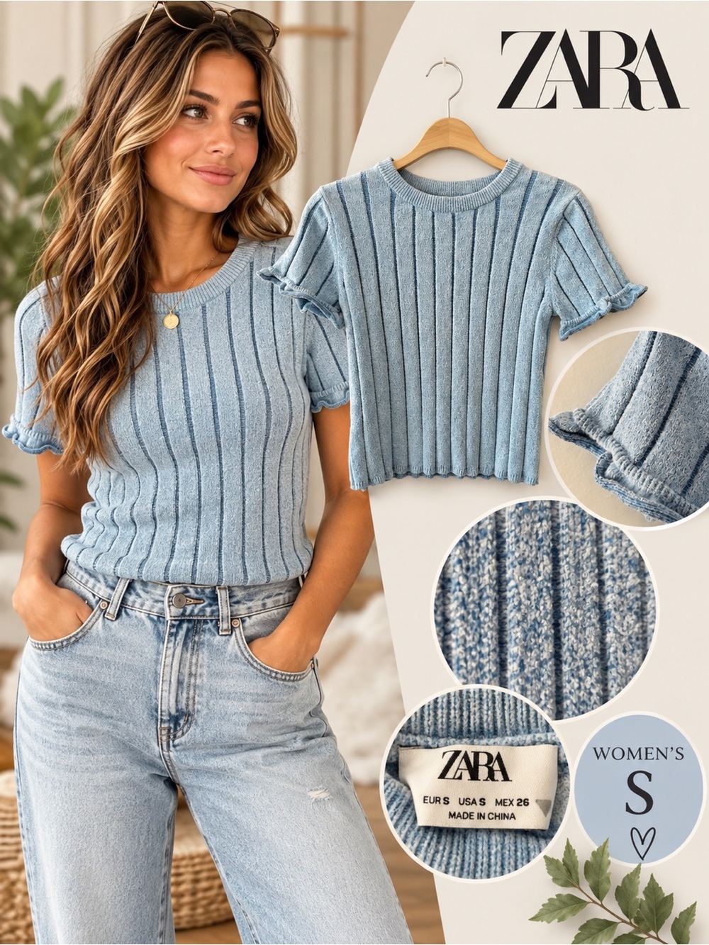 Zara Powder Blue Ribbed Short Sleeve Sweater